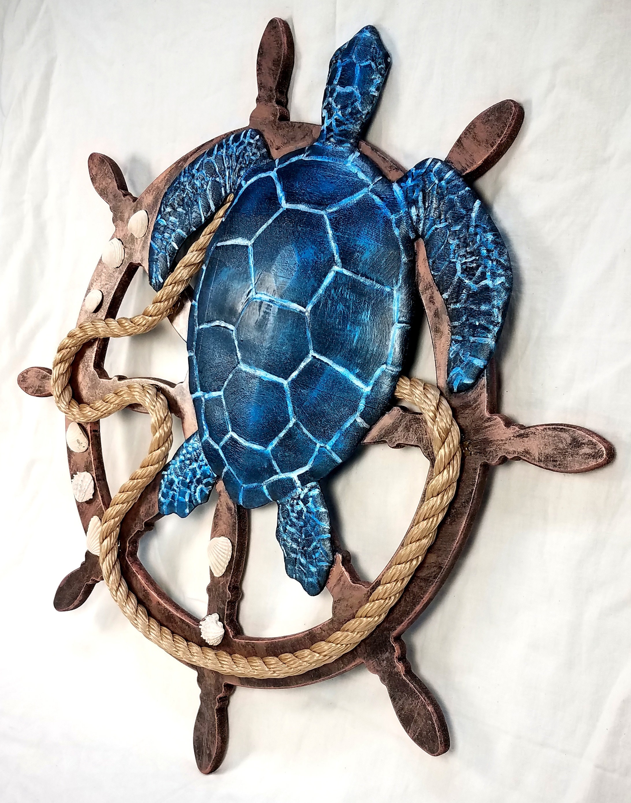 Sea Turtle 3D Relief on Ship Wheel Wall Art Wall Decor Rope, Shell ...