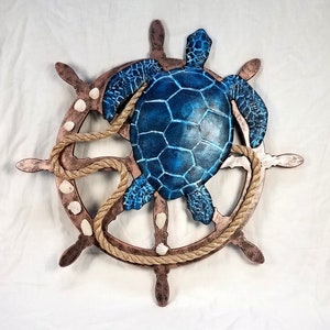 Sea Turtle 3D Relief on Ship Wheel Wall Art Wall Decor Rope, Shell ...