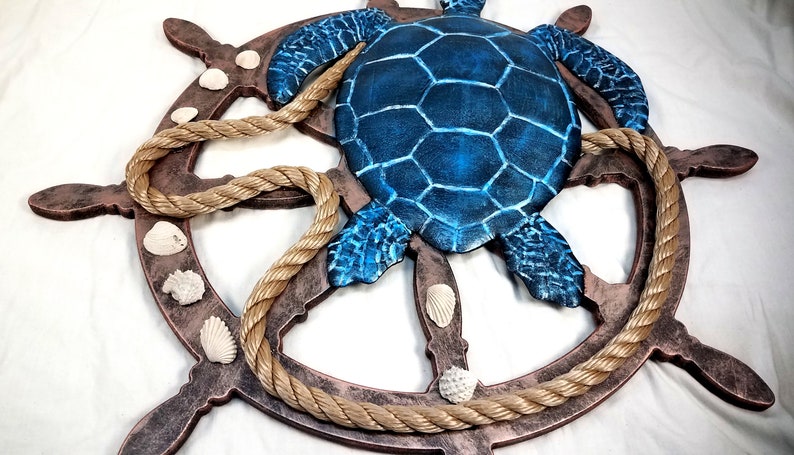 Sea Turtle 3D Relief on Ship Wheel Wall Art Wall Decor Rope, Shell ...