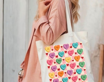 Valentines Day Canvas Tote Bag, Bookish Tote Bag, Book Trope Bag, Romance Book Tropes, Candy Heart Bag, Conversation Heart Bag, Tote Bag