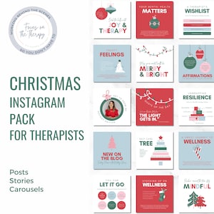 Puede incluir: Un pack de Instagram navideño para terapeutas, con publicaciones, historias y carruseles. El diseño incluye cuadrados rojos, verdes y azules con texto como "Joy & Therapy" y "Merry & Bright".