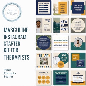 Masculine Therapist Instagram Templates | Mental Health Instagram | Therapy Social Media Kit | Canva Templates for Therapists | Counseling
