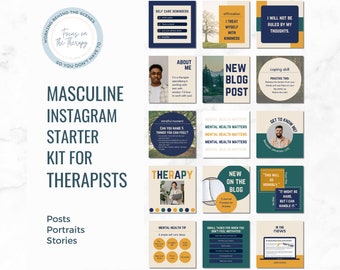 Masculine Therapist Instagram Templates | Mental Health Instagram | Therapy Social Media Kit | Canva Templates for Therapists | Counseling