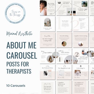 Puede incluir: Una plantilla de diseño gráfico para redes sociales con un carrusel de 10 publicaciones para terapeutas. Las publicaciones están diseñadas con una estética minimalista, con un fondo rosa claro y texto blanco. El texto incluye frases como "Convertirse en terapeuta", "Mis habilidades de afrontamiento más enseñadas", "Trabajar con la ansiedad", "El laboratorio de la felicidad", "Terapia cognitivo-conductual", "Terapia de aceptación y compromiso", y "FAER".