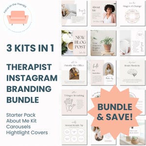 May include: A pink and white graphic design for a therapist's Instagram branding bundle. The design includes a pink couch, a pink star, and text that says "3 Kits in 1", "Therapist Instagram Branding Bundle", "Starter Pack", "About Me Kit", "Carousels", "Highlight Covers", "Bundle & Save!" and "New Blog Post".