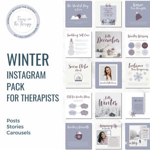 May include: A collection of 12 Instagram post templates for therapists, featuring winter themes. The templates include quotes, self-care tips, and winter-related activities. The color scheme is light blue and purple.