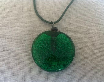 Vintage 90s Green Leather and Glass Necklace