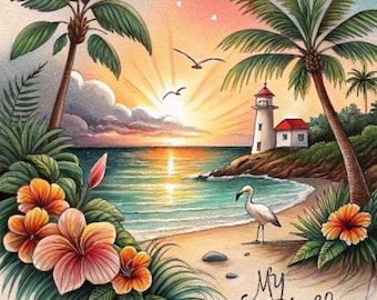 Tropical Sunset Clipart PNG Bundle: Watercolor Palm Trees, Hibiscus (Digital Download)