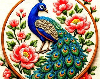 Peacock Embroidery Art Print: Boho Floral Needlework (Digital Download)