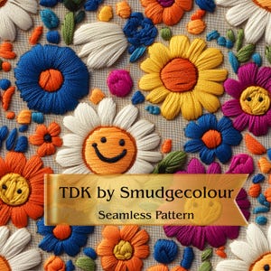 Motif sans couture de fleurs sourire rétro - Texture florale heureuse brodée - tissu numérique style groovy années 70 PNG - téléchargement immédiat