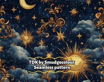 Naadloos patroon Celestial Sun Moon Stars: gouden borduurwerk-clipart (digitale downloadset)