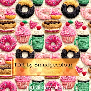 Schattig naadloos borduurpatroon dessert – Clipart donut cupcake koffie – namaakgestikte zoete lekkernijen – kawaii digitale download voor stof en