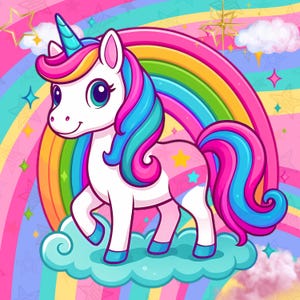 May include: A cartoon unicorn with a pink, blue and yellow mane and tail stands on a fluffy white cloud in front of a rainbow. The background is a pink, blue and yellow swirl pattern with stars.