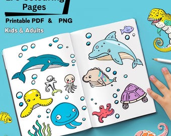 May include: A coloring book with 170 pages featuring printable PDF and PNG files. The open book displays various sea creatures, including a whale, dolphin, and octopus, with bubbles and seaweed. The text reads "Kids & Adults".