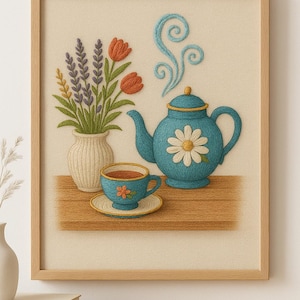 Tea Time Embroidery Printable – Cozy Cottagecore Kitchen Wall Art, Digital Download with Teapot & Flowers, Vintage Stitch Look