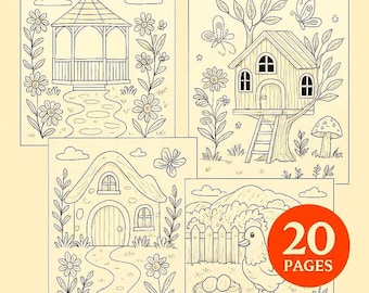 Può includere: Un libro da colorare in bianco e nero intitolato "BOHO GARDEN COLORING BOOK" con disegni cottagecore e floreali. Il libro presenta 20 pagine di disegni PDF stampabili, tra cui un gazebo, una casa sull'albero, un cottage e una gallina con le uova.