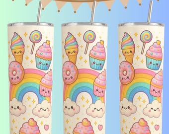 May include: Three 20 oz tumblers with a whimsical design featuring a rainbow, cupcakes, ice cream cones, donuts, lollipops, and smiling clouds. The tumblers have a cream background and a silver straw.