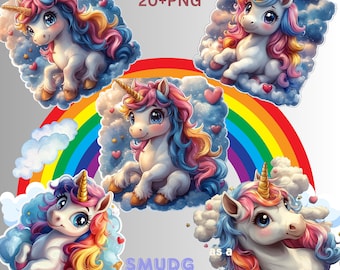 Paquete de imágenes prediseñadas de unicornio kawaii: pegatinas de arcoíris pastel (descarga digital PNG)