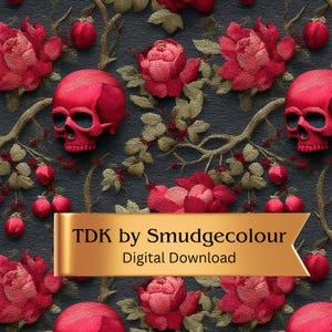Gothic Rose Skull Seamless Patterns: Dark Floral Embroidery Backgrounds (Digital Download)