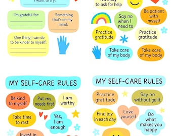 May include: A colorful self-care journal and rules chart with text prompts and affirmations. The journal includes fill-in sections for self-reflection. The rules chart features phrases like "Be kind to myself" and "Practice gratitude."