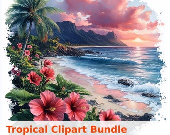 Tropical Clipart Bundle: Watercolor Hibiscus, Palm Trees, Sunset (PNG Digital Download)