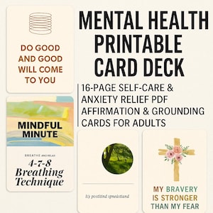 Baralho de cartas sobre saúde mental para adultos | Kit de autocuidado para alívio da ansiedade com 16 páginas para impressão | Afirmações, atenção plena e aterramento em PDF