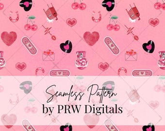 Valentine's Day Seamless Pattern: Pink Hearts & Cherries (Digital File)