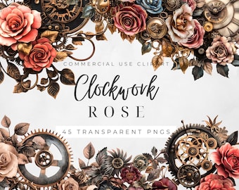 Steampunk Floral Clipart: Vintage Mechanical Flowers, Gears (45 PNGs - Digital Download