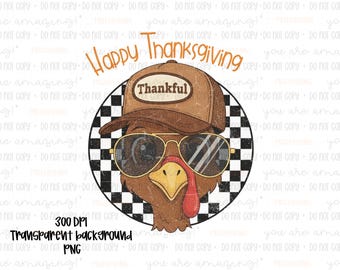 Retro Thanksgiving Turkey PNG: Checkered Hat, Sunglasses (Digital Download)