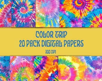Psychedelic Tie Dye Digital Paper Pack: Retro Groovy Backgrounds (12x12 inch JPGs, Digital Download