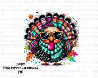 Bright Turkey PNG, Retro Thanksgiving Sublimation Design, Colorful Feathers Fall Clipart