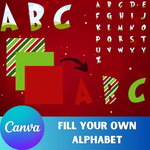 Puede incluir: Un fondo rojo con un contorno blanco del alfabeto. Las letras A, B y C están rellenas con un patrón de rayas verdes, rojas y blancas, y un patrón de campo verde. El texto "FILL YOUR OWN ALPHABET" está debajo de las letras.