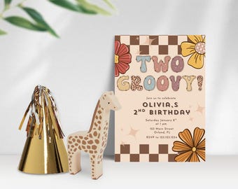 Two Groovy 2nd Birthday Invitation: Retro Daisy, Editable Canva Template (Digital Download & 5x7 Printable)
