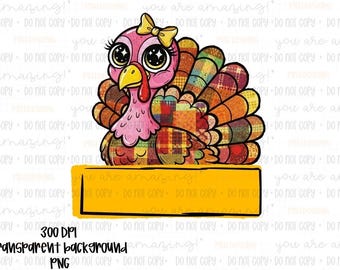 Girl Turkey Nameplate PNG: Thanksgiving Clipart with Bow (Digital Download)