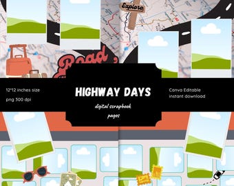 Road Trip Scrapbook Templates: Canva Editable Travel Journal (Digital Download, 12x12 inches)