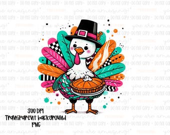 Colorful Turkey PNG, Thanksgiving Pie Sublimation Design, Bright Retro Fall Clipart