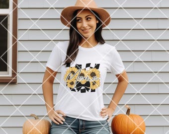 Mama Sunflower PNG: Retro Checkered Bow Design (Digital Download, Commercial Use OK)
