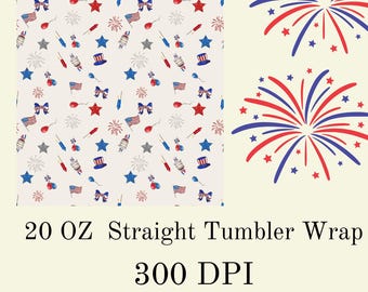 Patriotic 4th of July tumbler wrap PNG – 20oz straight tumbler design – fireworks, USA flags & stars – sublimation png – 300 DPI