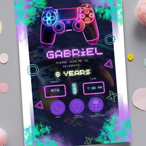 Gamer Birthday Invitation Template | Editable Canva Game Party Invite | Neon Controller Kids Birthday | Printable 5x7 & Evite Digital Downlo