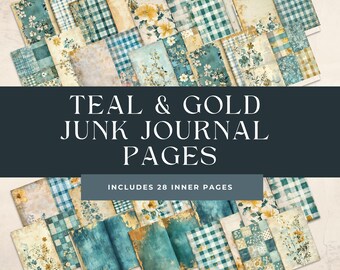 Gold & Teal Junk Journal Pages: Printable Scrapbook Paper (Digital Download 11x8.5in 300 DPI)
