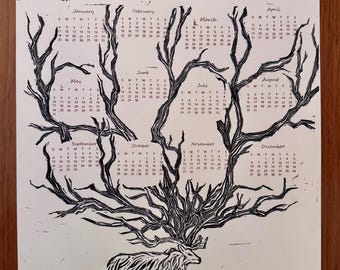 Handmade Linocut Calendar: Deer & Moon Phases Design – Perfect for 2026!