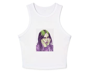 Camiseta sin mangas Billie con retrato verde y morado / Camiseta corta de tirantes acanalada