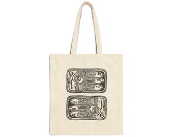 Sardinhas Hand-Cut Lino Print Cotton Canvas Tote Bag - Eco-Friendly Carryall, Beach Bag, Market Tote, Grocery Bag, Reusable Shopping Bag