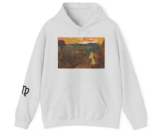 Maagd sterrenbeeld unisex hoodie, handgemaakt collageontwerp, symbool op mouw, astrologiecadeau, seizoenskenmerken Maagd, naam op achterkant
