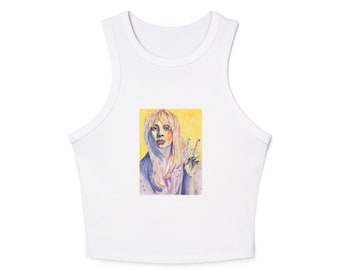 Tanktop met waterverfportret en vredesteken | Gele lavendelkunst