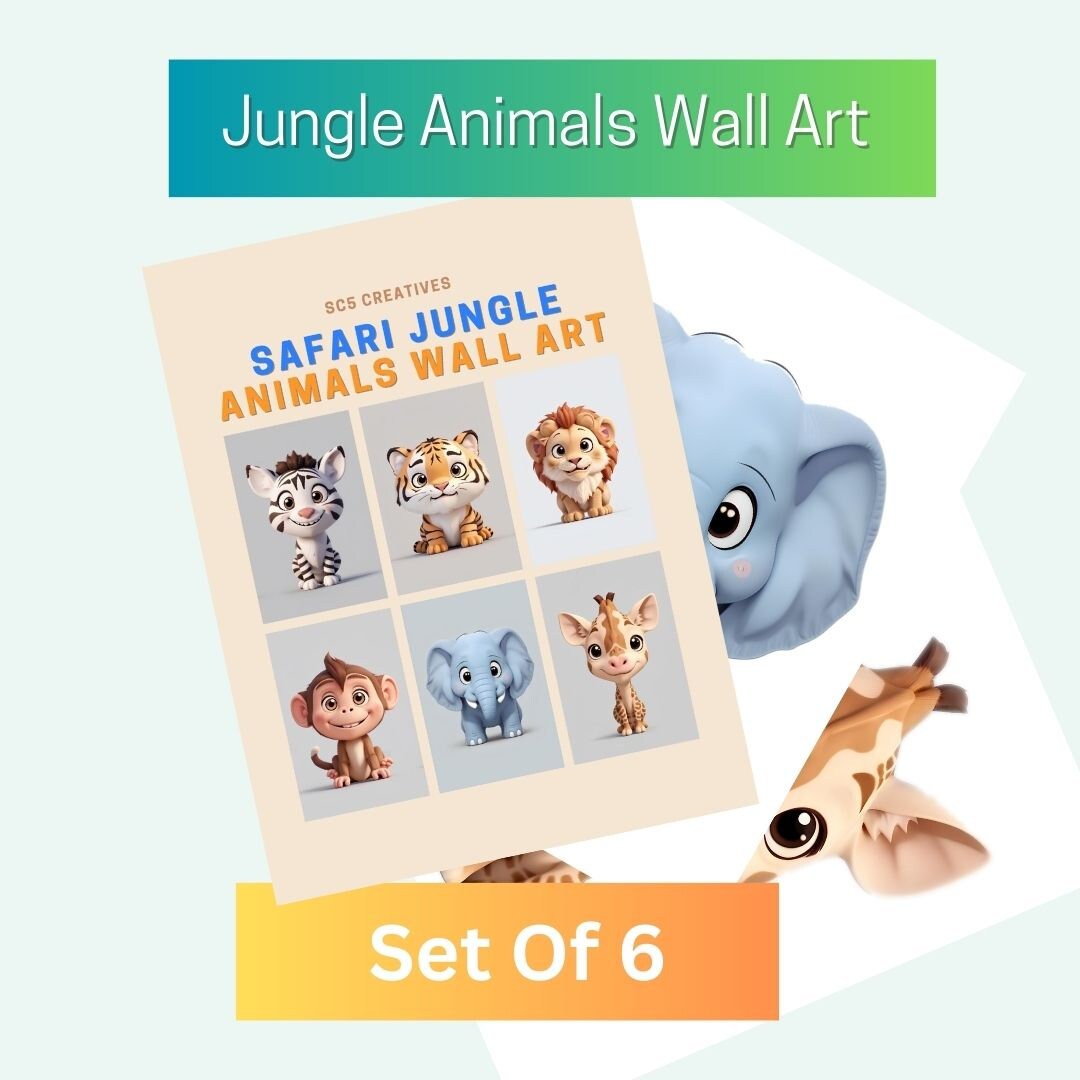 Safari Jungle Animals Wall Art Set 6 Highquality Kids Room Etsy
