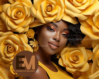 Vibrant African American Woman Floral Illustration - High-Quality PNG, 300 DPI, Perfect for Home Decor & Personalized Gifts