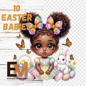 Puede incluir: Ilustración digital de una niña negra con ojos grandes, vestida con un vestido de Pascua pastel y lazos de mariposa. Un conejo blanco y huevos de Pascua están cerca. El texto "10 Easter Babies" está en la parte superior.
