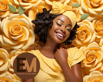 Vibrant African American Woman Floral Illustration - High-Quality PNG, 300 DPI, Perfect for Home Decor & Personalized Gifts