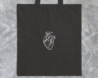 Monochroom menselijk hart Tote Bag - realistische kunstprint, anatomische harttas, cadeau voor vrienden, Goth Art Bag, middeleeuwse kunsttas